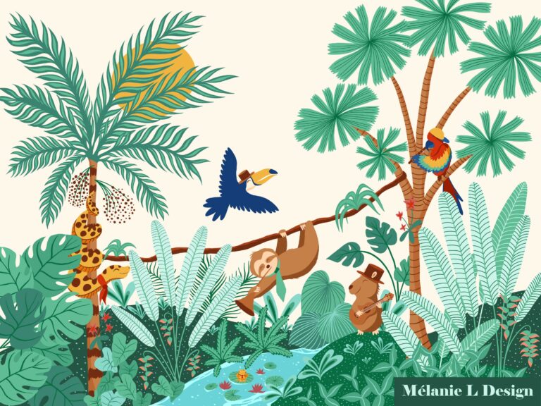 Coulisses Patterntober 2024 : illustration représentant la jungle et des animaux qui font de la musique